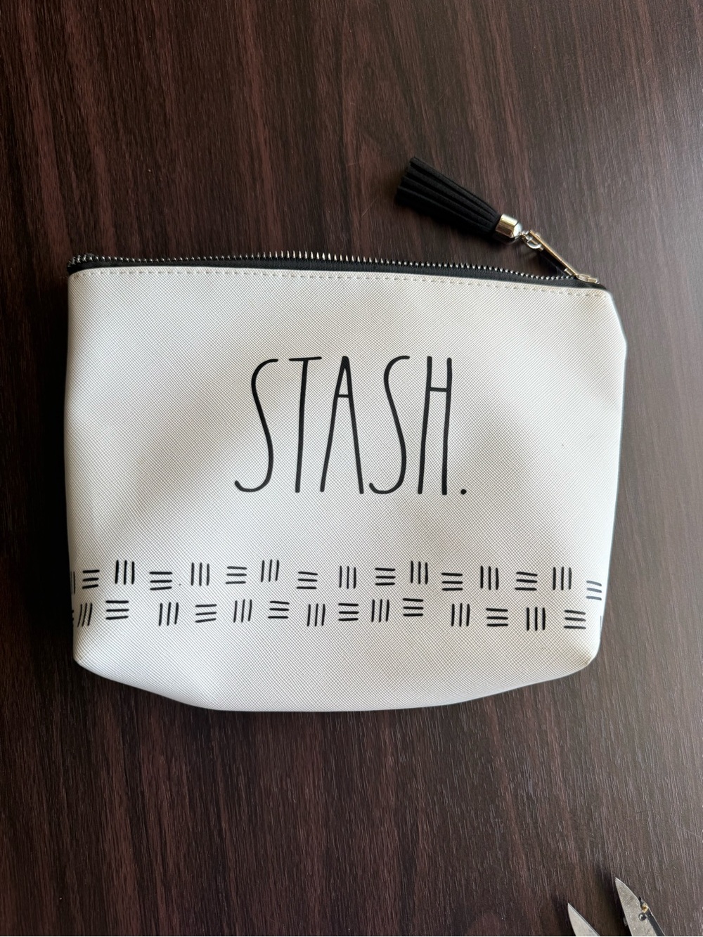 Rae Dunn STASH Makeup Bag Zip Pouch Tassel Pull White/Black PVC Polyester